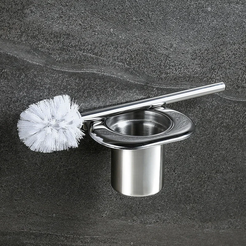 Integrated Toilet Brush Holder 304 Stainless Steel Cleaning Brush With Base Wall Hanging Household Nail Free Storage Brush