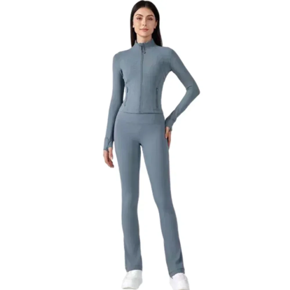 Lemon Groove High Waist Flared Pantsr Cropped Jacket Outerwear Nylon Stretch Zipper Running Yoga Long Sleeve Top Short Jacket