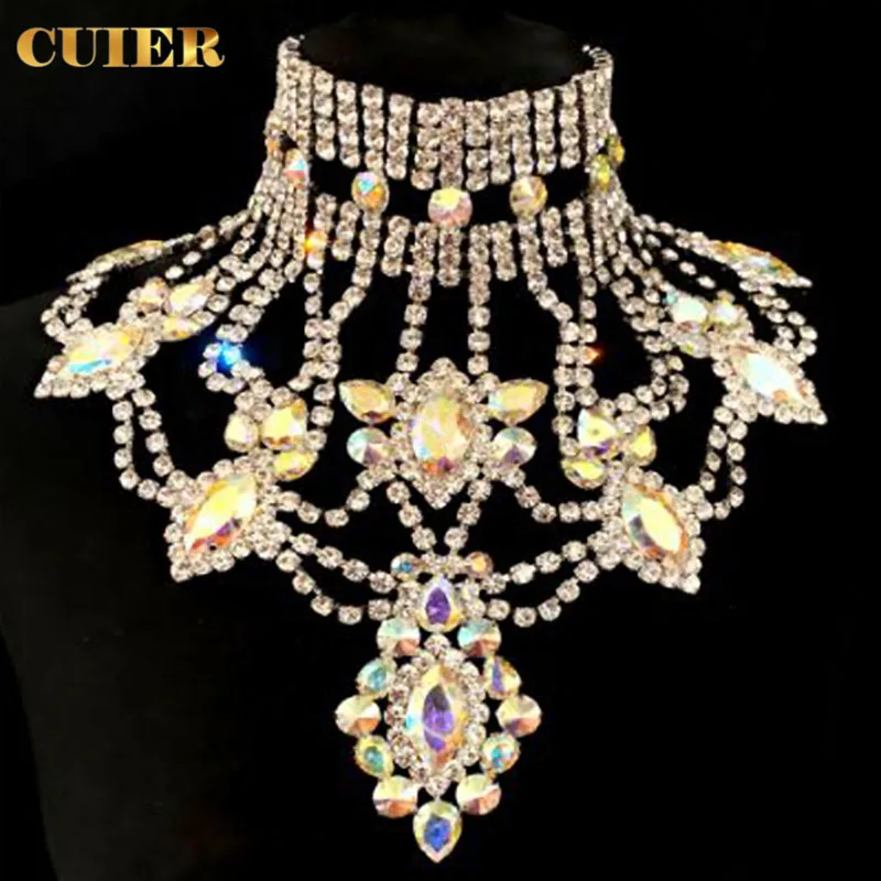 

CUIER Huge Size Cover Chest Champagne SS28 Rhinestones Big Pendant Necklace for Women Choker Jewelry Good Quality Drag Queen