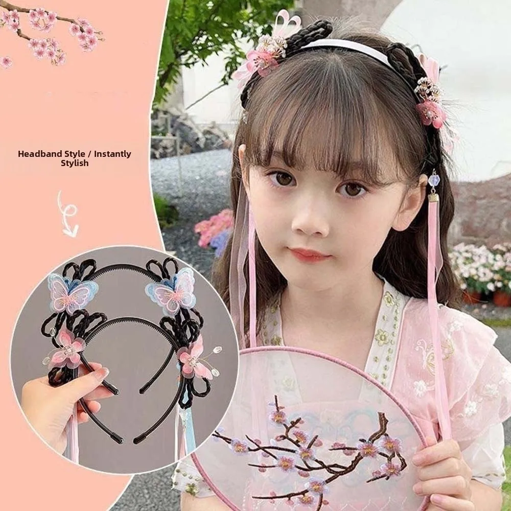 

Chinese Style Butterfly Ribbon Headband Exquisite Embroidery Beads Girls Hanfu Headwear with Hair Clips Bow
