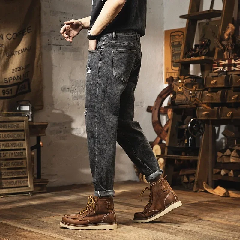 Pantalones vaqueros rasgados elásticos para hombre, Jeans elásticos ajustados hasta el tobillo, talla grande 46, 44, 42, 40