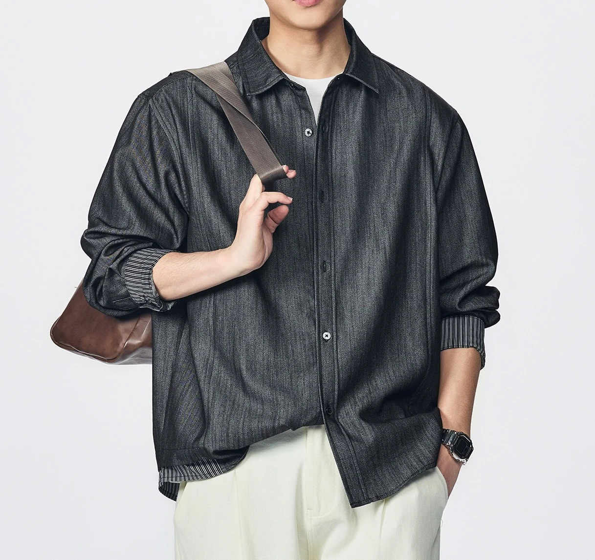 Heavy Denim Shirt Men's Jacket Spring 2026 Contrasting Striped Shirt Lapel