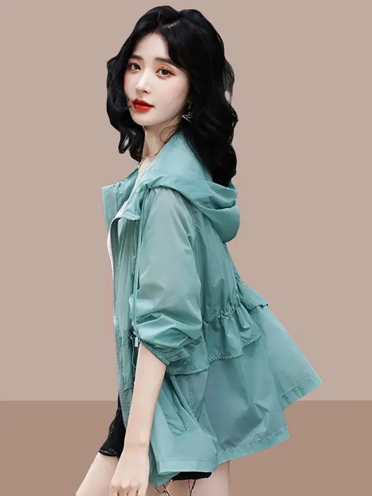 

Легкое летнее женское пальто из ледяного шелка свободного кроя, дышащая верхняя одежда с защитой от солнца, большие размеры, с капюшоном