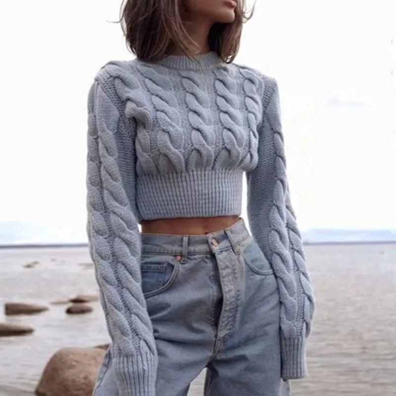 

2025 New American Chic Autumn Minimalist Versatile Round Neck Heavy-duty Cable Knit Design Loose Short Sweater for Women