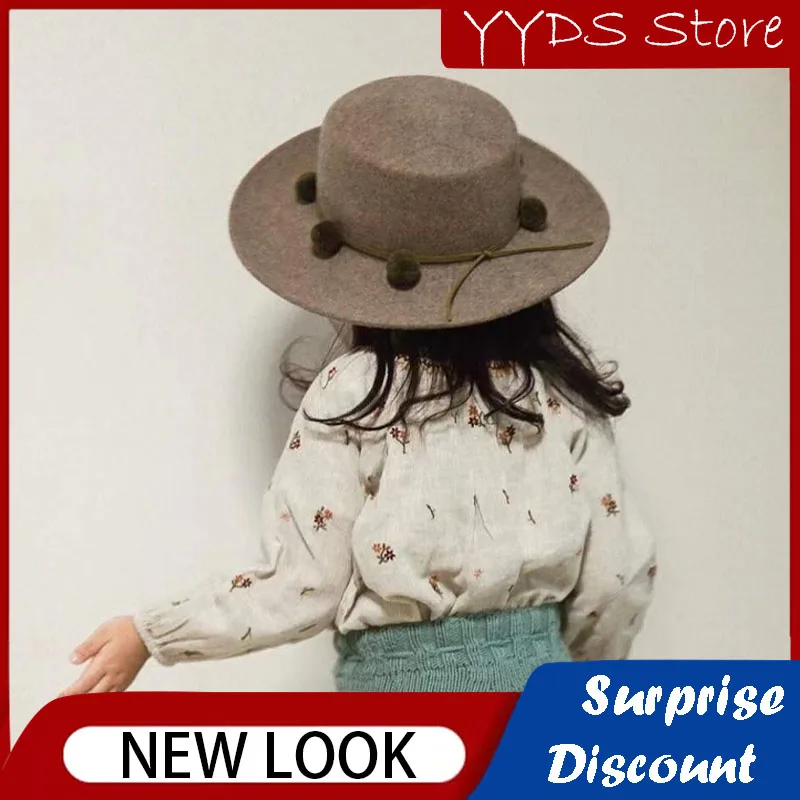 Ins Children's Wool Top Hat Bayberry Ball Felt Hat Boy Baby Girl Baby High Quality Gray Green Ball Ball Flat Top Hat