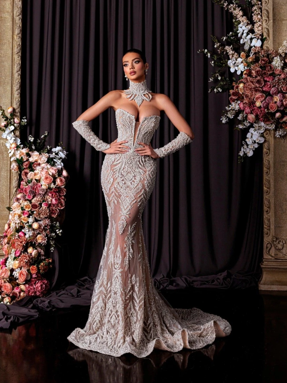 انفصال قطار التطريز مطرز فستان الزفاف الوهم العميق الخامس الرقبة حورية البحر فستان زفاف طويل فساتين مخصصة جديدة للعروس #4