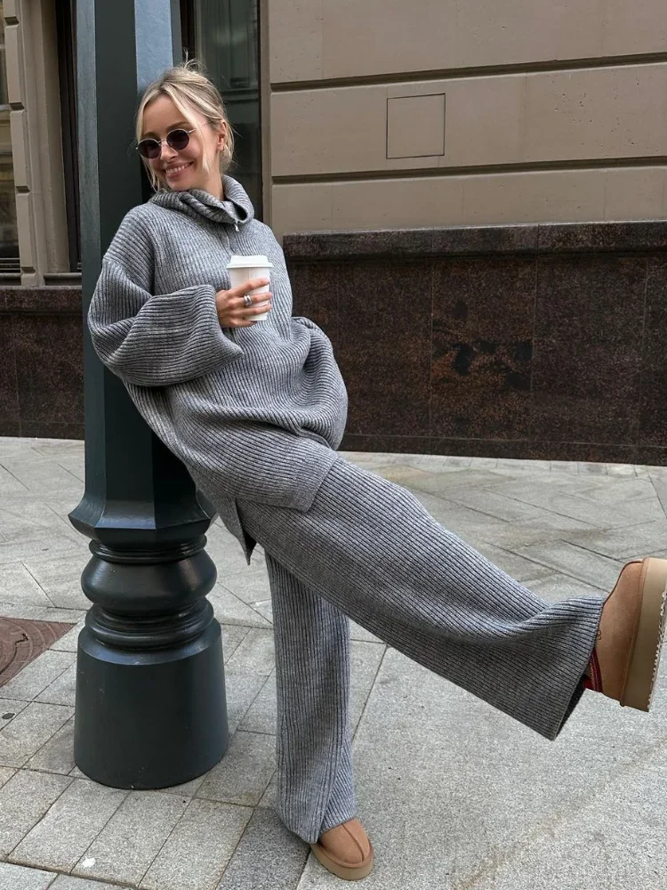 Casual Lapel Zipper Full Sleeve Pullover Sweater Suit Women Chic Solid Long Loose Pants Suits Winter Lady Knitted 2-piece Sets