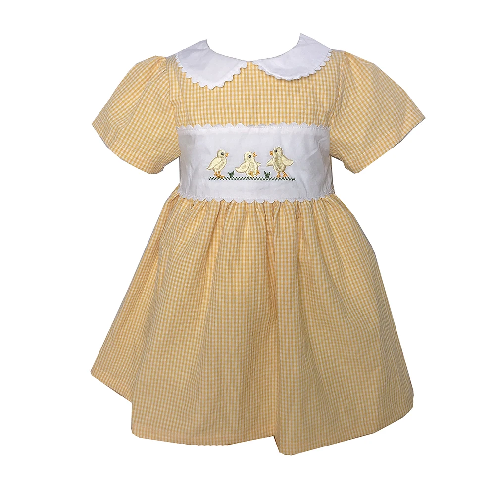 Children Boutique Clothing Summer Girls Short Sleeves Yellow Plaid Embroidered Chick Cotton Dress Cute Skirt Siblings Outfit