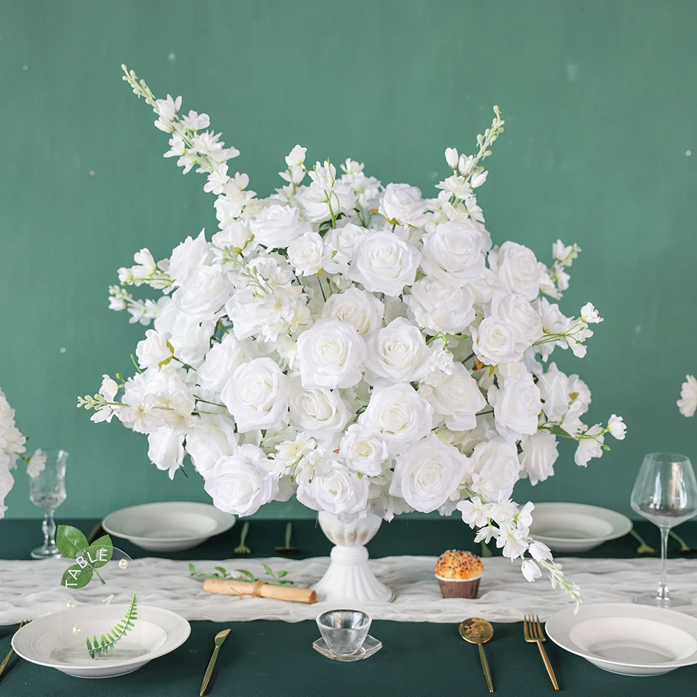 

W23,6 дюйма, белая шелковая искусственная роза, дельфиниум, цветочные композиции, шар, центральная часть для свадьбы, дома, вечеринки, настольный декор HY2873