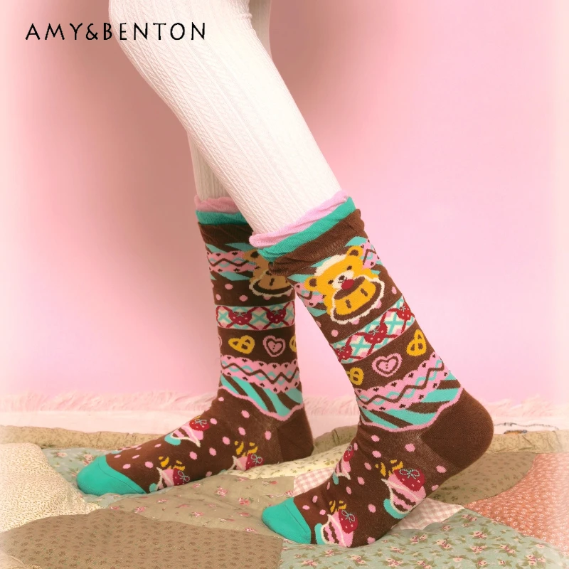 

Original Design Animal Print Striped Pattern Women's Hosiery Autumn Winter New Cute Sweet Lace Versatile Mid-Calf Socks Ladies