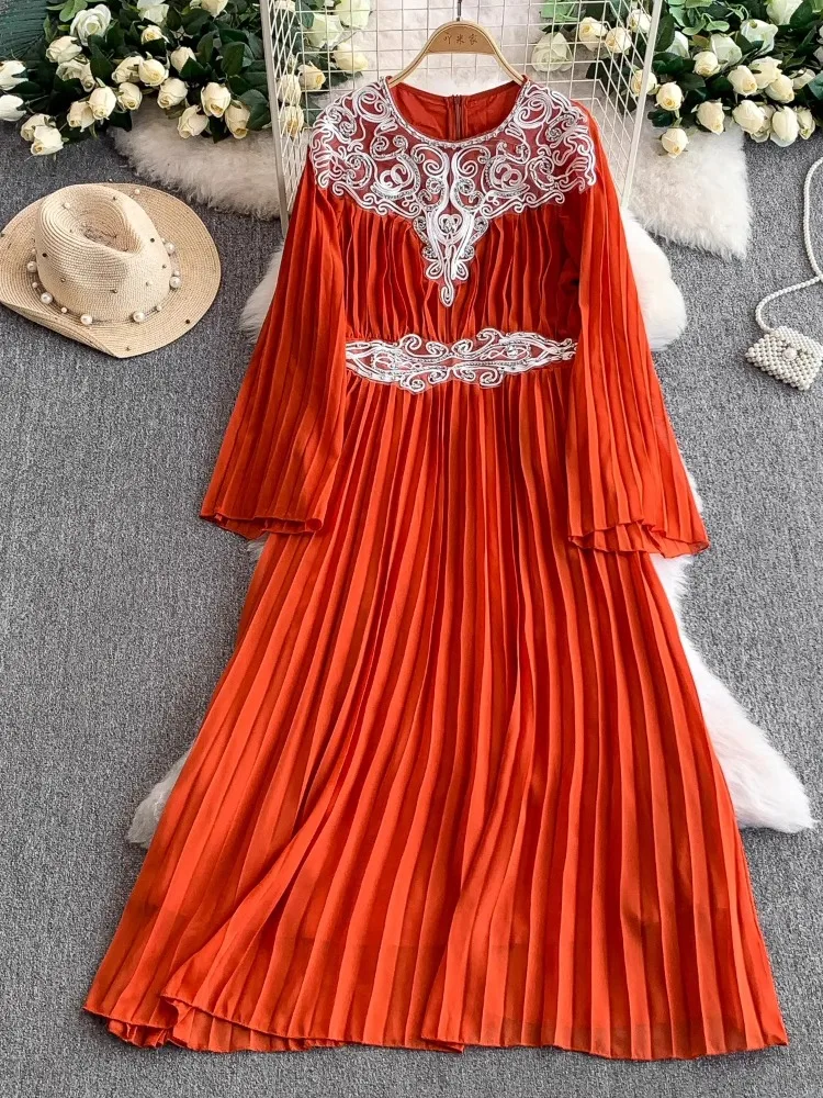 Elegant Dress Women Chiffon Long Skirts Summer Luxury Lace Crystal Bead Sleeve Flower Belt Prom Evening Formal Dresses Autumn