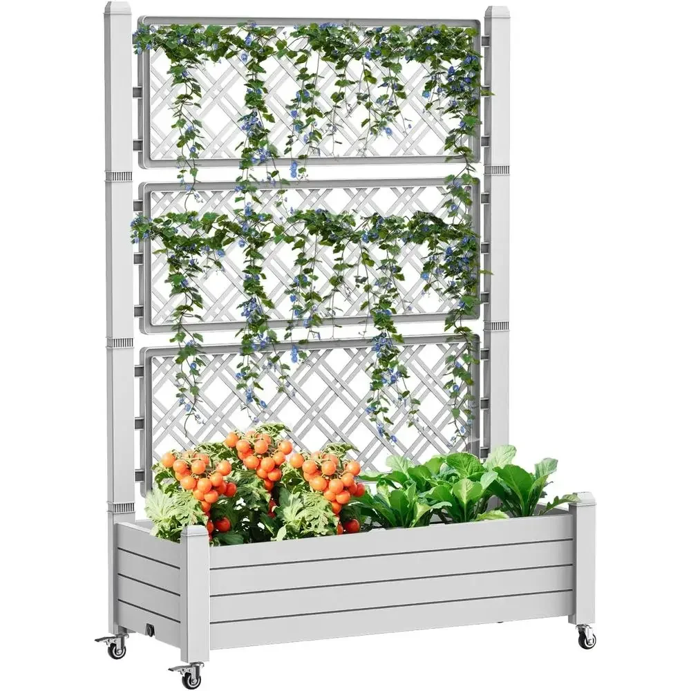 64 Tall Outdoor Large Resin Planter Box with Trellis, Drain Plug, and Climbing Plants, Easy Assembly, Mobility, Ashen