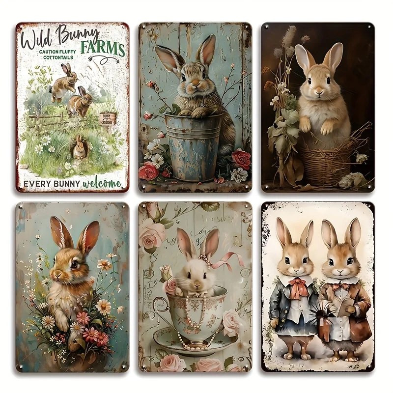6pcs Retro Rabbit Couple Easter Metal Tin Sign Set, Farmhouse Style Cafe Kitchen Wall Decor, Vintage Bunny Poster Hanging Art, H
