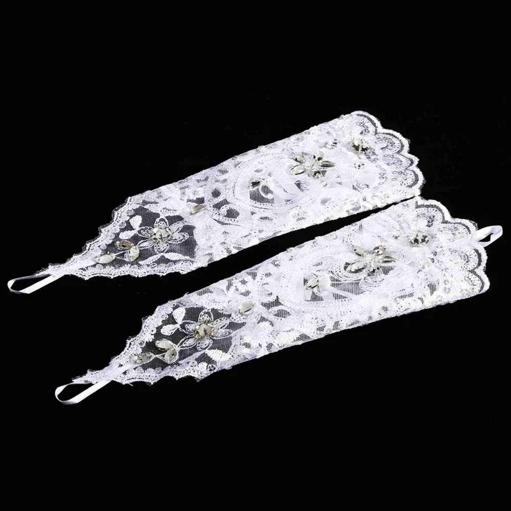 

Retro Syle Ivory Lace Flower Bride Bridal Rhinestone Sexy Fingerless Gloves Wedding White