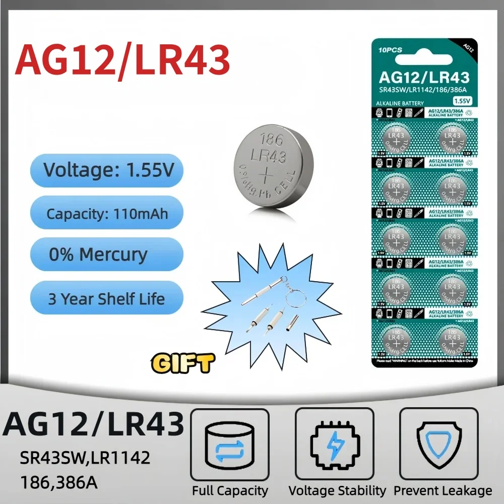 

1.55V 110mAh Lithium AG12 LR43 Button Battery SR43 386 LR1142 V12GA AG 12 SR43W SR1142 Coin Cell Watch Toys Remote Battery