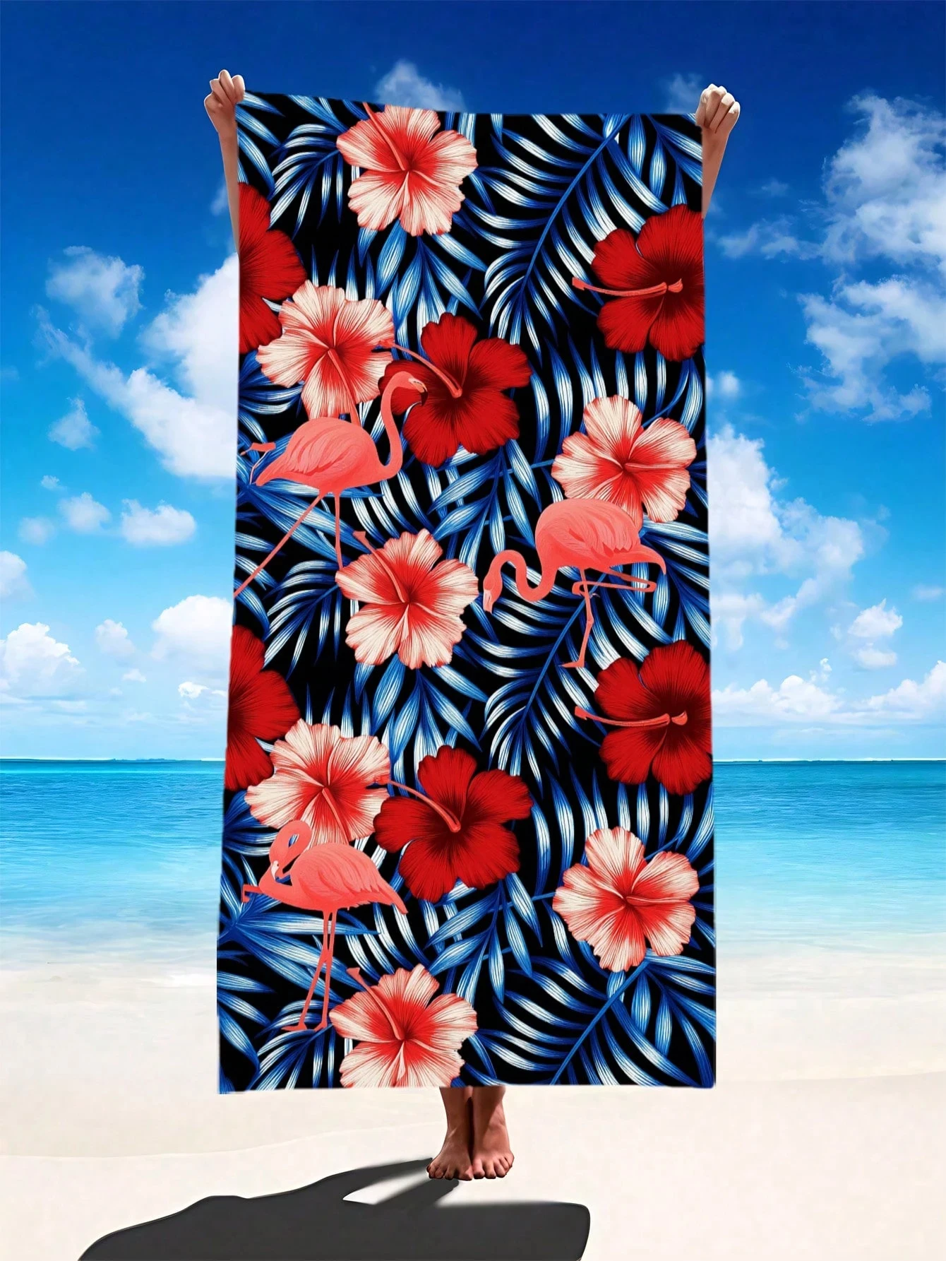 1PC Retro Hibiscus Flamingo Tropical Beach Towel , Available In Different Sizes，Comfortable for Summer Pool and Outdoor Use