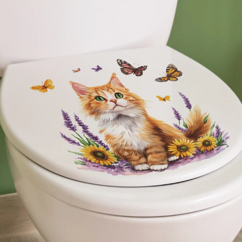 Cartoon Cat Flower Butterfly Wall Stickers Bathroom Toilet Decoration Mural Living Room Cabinet Home Decor Self-adhesive Decals