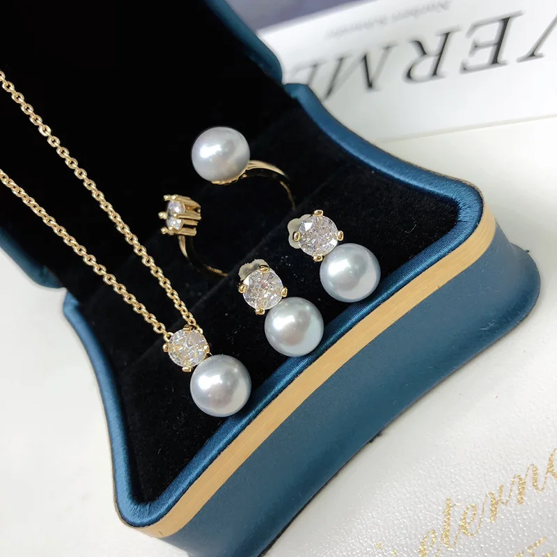 

white one set freshwater pearl 7-8mm pendant /earrings/Ring white/yellow/black white zircon pendant necklace