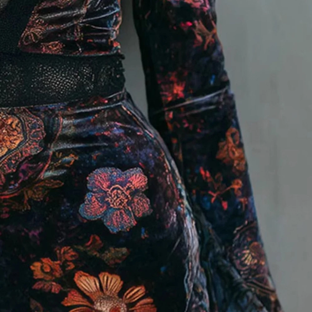 Women's Vintage Floral Velvet Mini Bodycon Dress – Deep V Neck Long Sleeve Lace Trim Casual Dresses Elegant Fashion Clothing