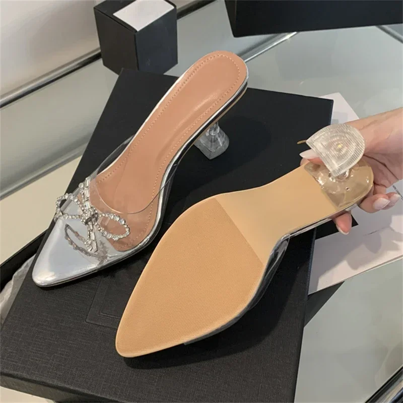 

Aneikeh Summer Silver Clear High Heels CRYSTAL Diamonds Butterfly-Knot PVC Transparent Women Slippers Banquet Dress Shoes