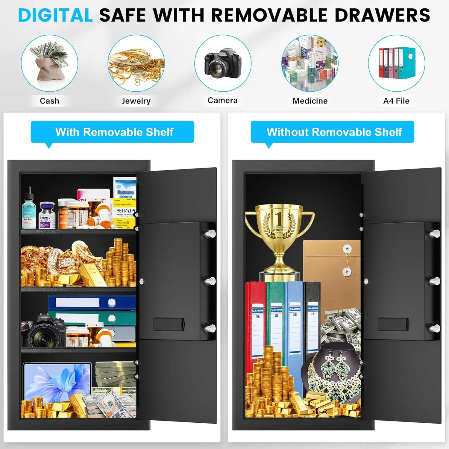 6.0 Cubic Large Home Safes Water and Fireproof, Anti-Theft Safe Box with Alarm System, Spare Key, Mute Function and Removable Sh