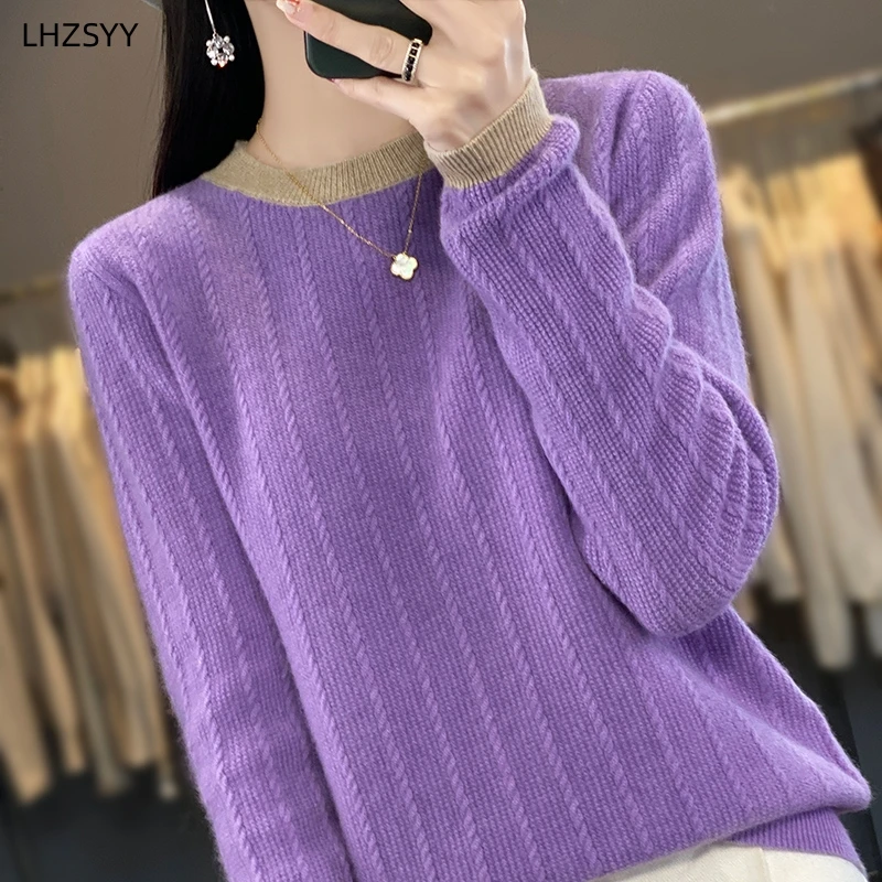 LHZSYY 100% Pure Wool Sweater Women\'s O-Neck Jumper Autumn Winter New Long Sleeve Large Size Tops Color Knit Cashmere Base Shirt