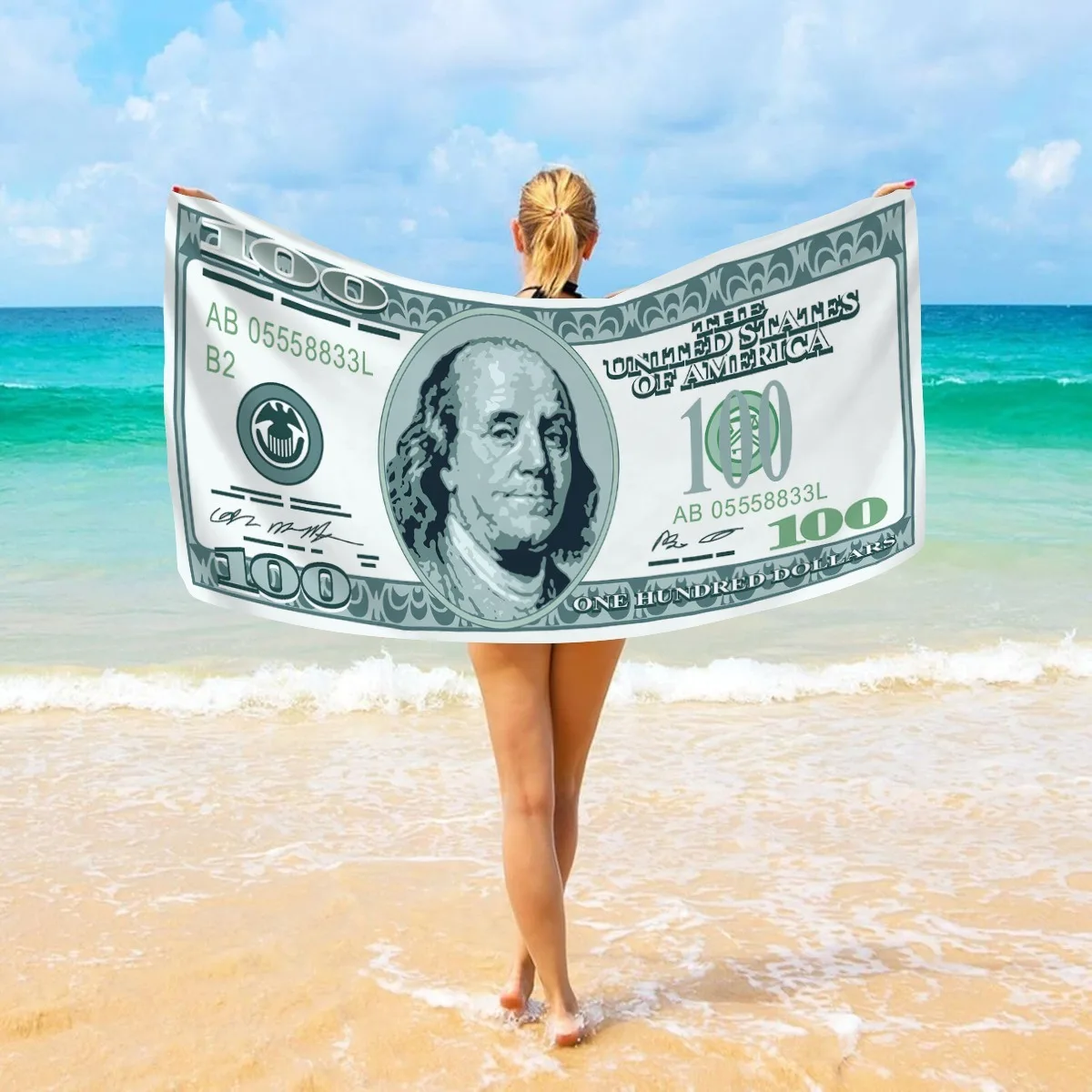 

100 Dollar Bill Money Print Polyester Beach Towel Novelty Quick Dry Bath Towels Summer Swimming Pool Vacation Sandproof Blanket
