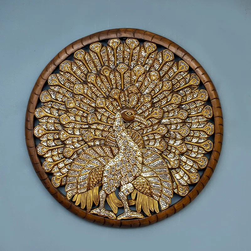 South East Asia style teak hand-carved peacock open screen wall painting