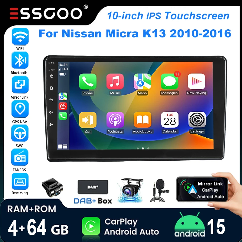 ESSGOO 10-Zoll Android 15 4+64G 2+32G Autoradio für Nissan Micra K13 2010-2016 mit GPS-Navigation, Wireless CarPlay, FM, WLAN, Bluetooth, RDS, Mirror Link und Lenkradfernbedienung