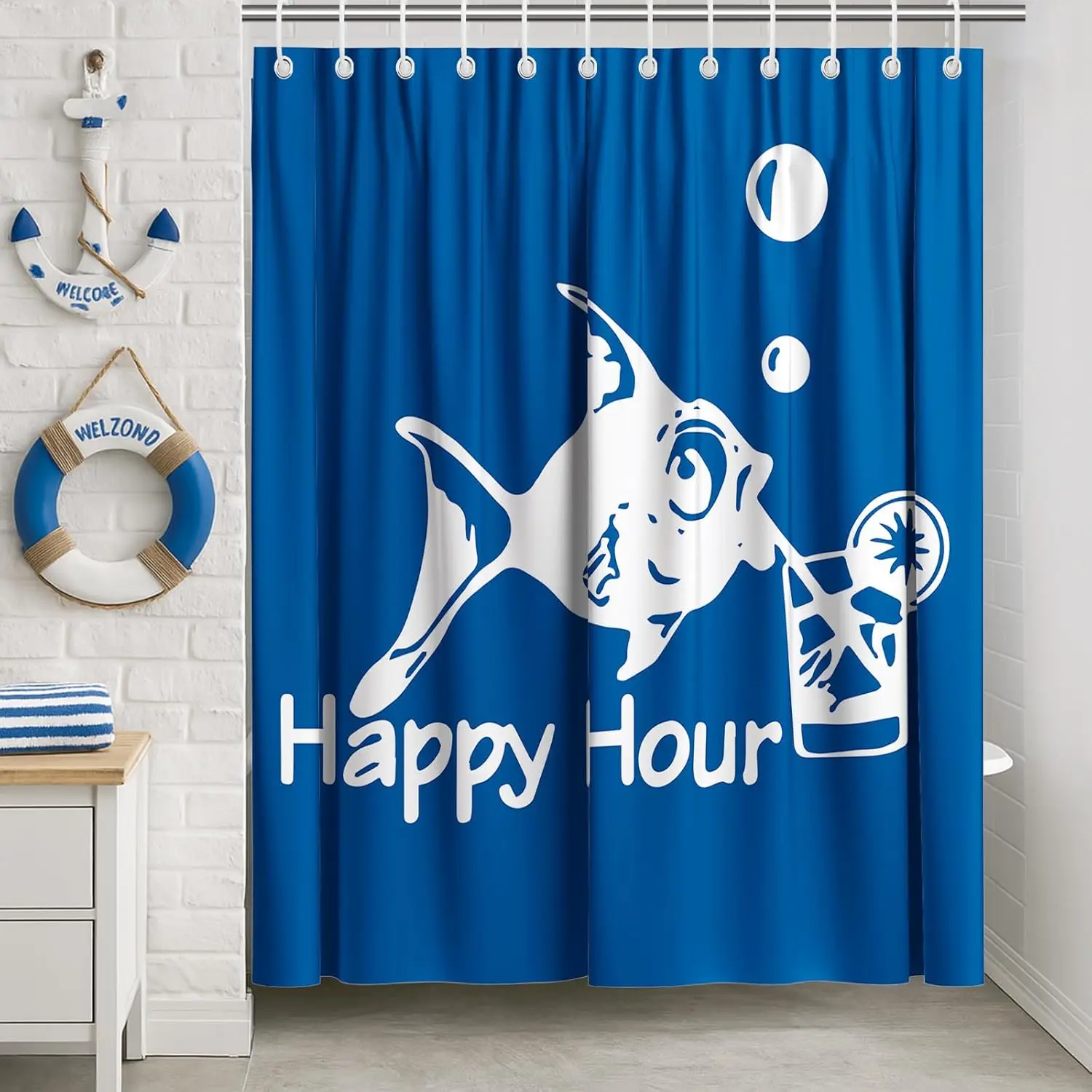 

Забавная занавеска для душа с рыбой, декор для ванной комнаты с синими океанскими морскими животными, милая водонепроницаемая полиэфирная ткань с рыбками и крючками, подарок для