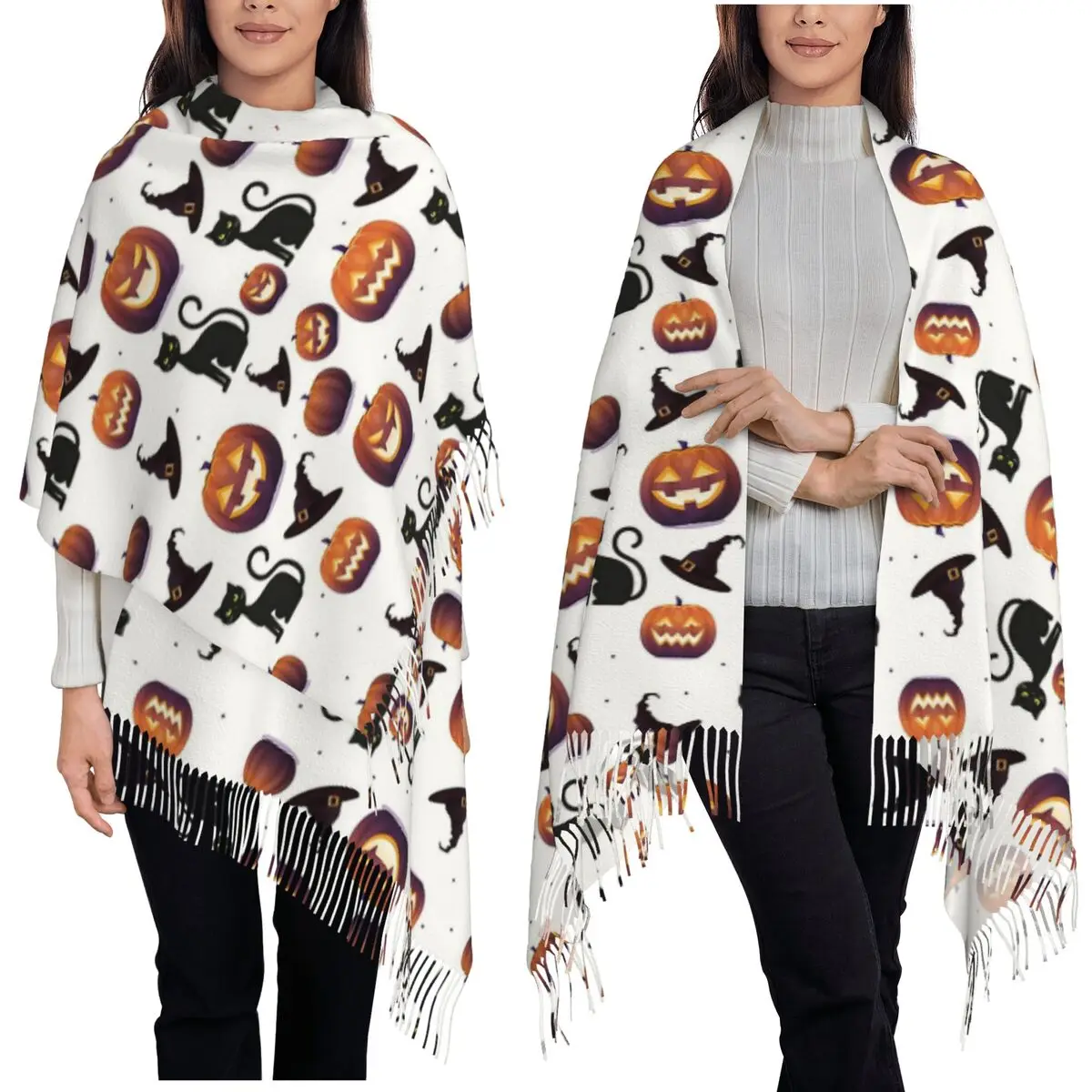 Witch Black Cat Pumpkin Halloween Pattern Scarf Tassel Scarves for Women Soft Warm Shawls and Wraps Long Fall Winter Shawl Wrap