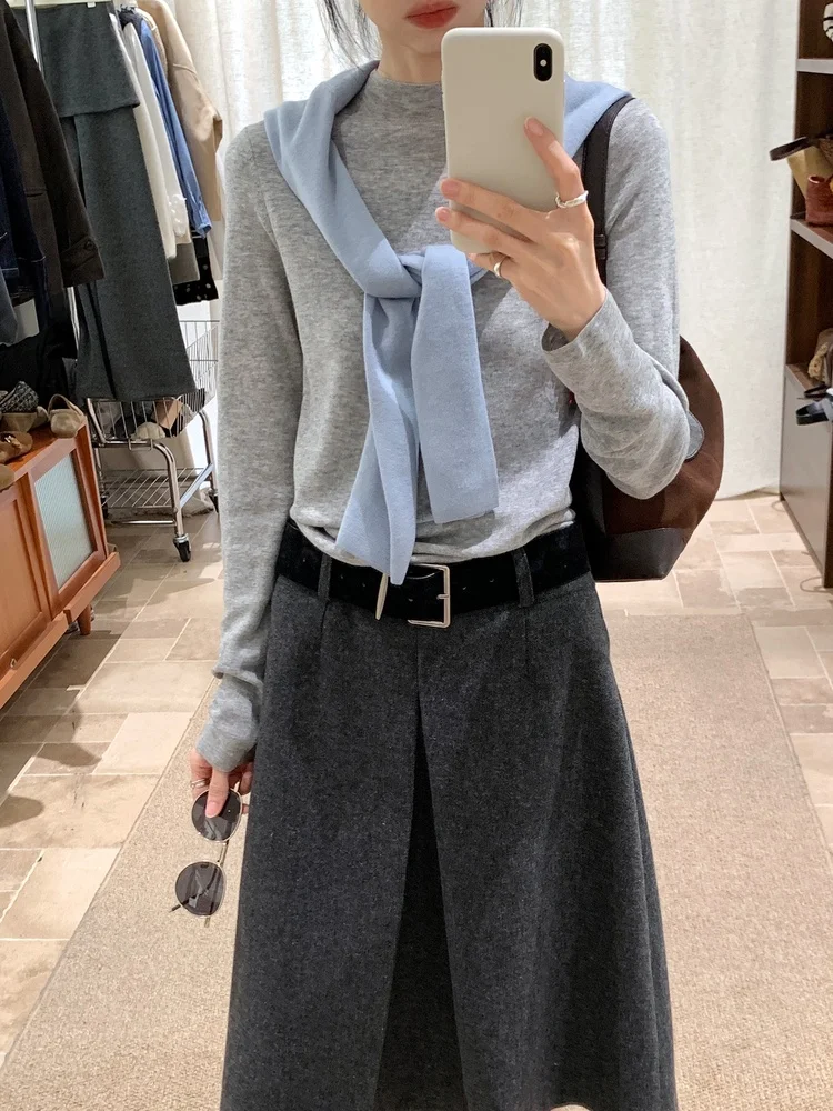 

BRIVIN Корейский шерстяной вязаный свитер с длинным рукавом для женщин, облегающий базовый топ на осень 2025 года