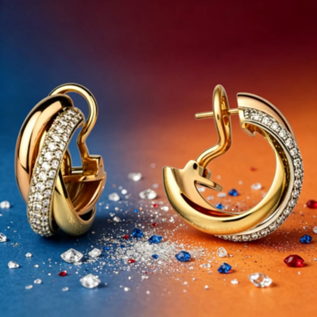 

Two tone gold wrapped diamond studded earrings for a luxurious and high-end dinner party