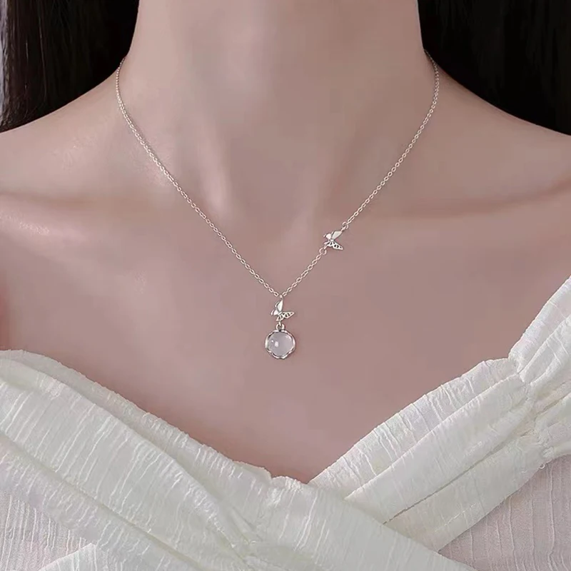 

Real 925 Sterling Silver Butterfly Round Bead Pendant Necklaces for Charming Women Fine Jewelry Romantic Sweet Accessories