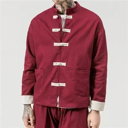 Kung Fu Coat Man Chinese Traditional Retro Autmn Long Sleeve Tang Suit Mandarin Collar Buckle Jacket Men Oriental Cotton Shirt