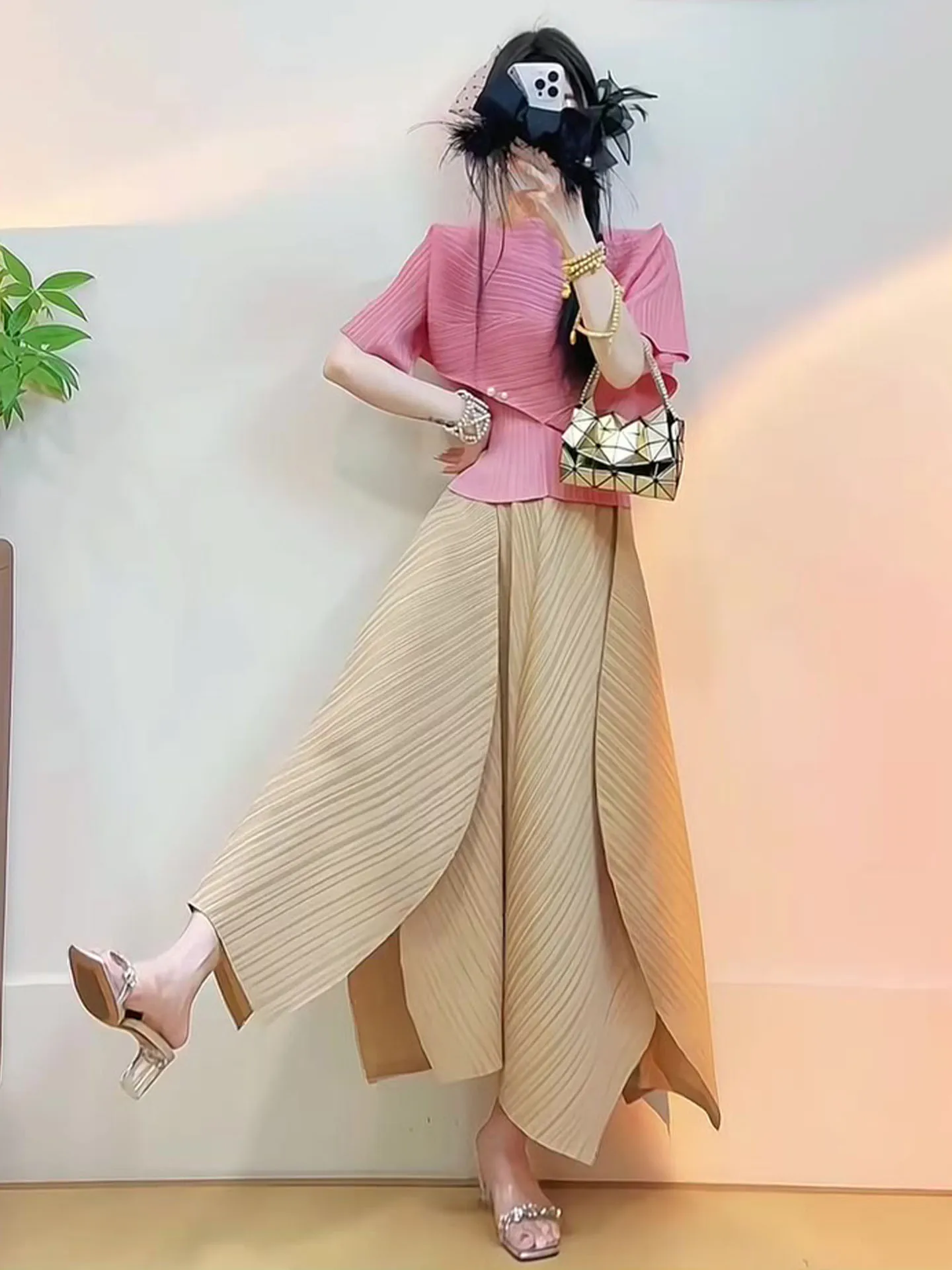 

Summer Casual Sle Pure Color Folded Hem Irregular Hem ort Sve Top And Skirt Set Tee Houses Wind Women's Faion Set