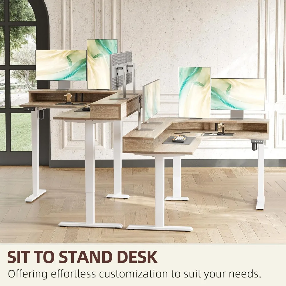 63'' L-Shaped Standing Desk Height Adjustable Corner Table with LED Light Strip Power Outlet And Ergonomic Monitor，Customized