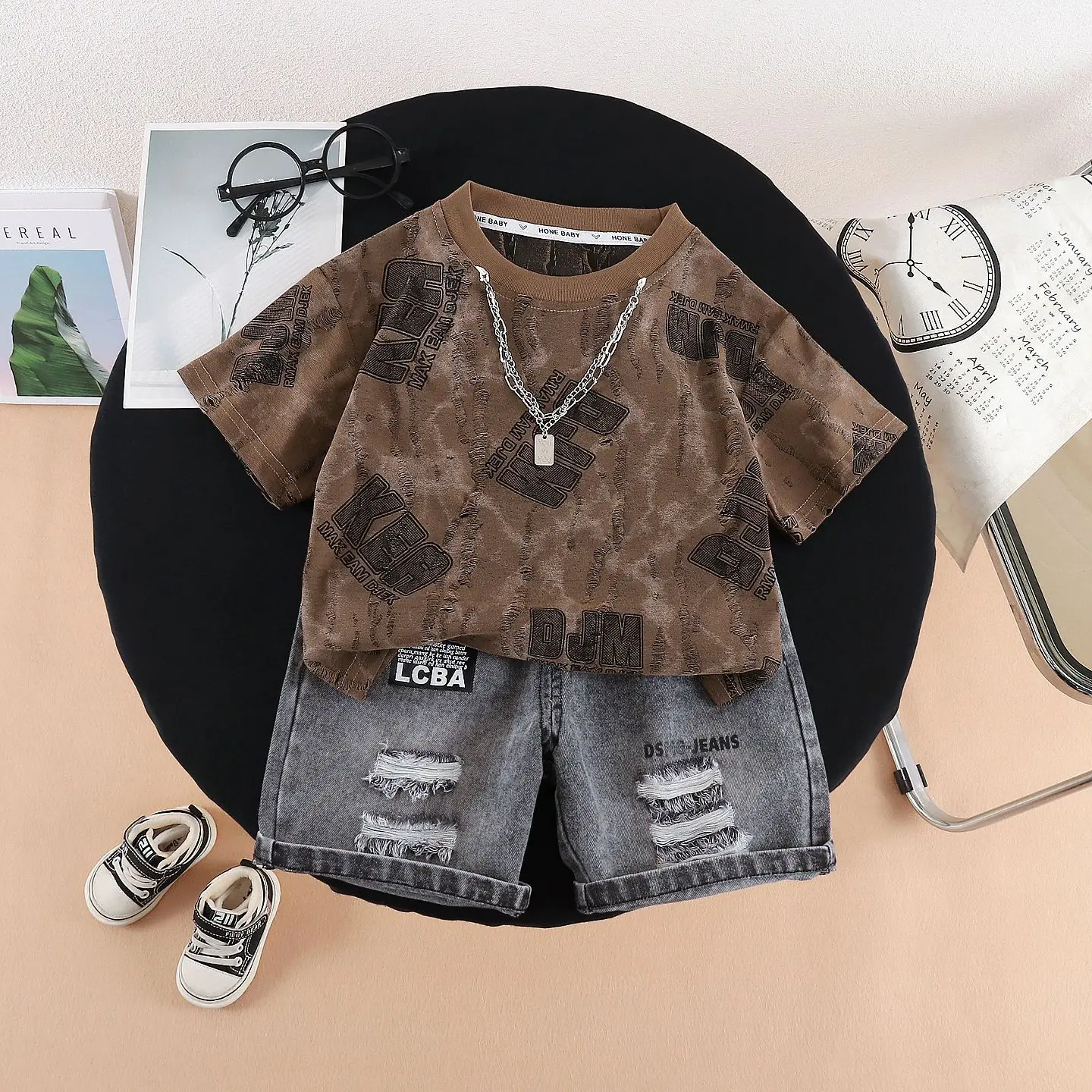 Children's Clothing 2026 New Summer Baby Boy Clothes Fashion Letter Printed Short Sleeve T-shirts + Denim Shorts Two Piece Set