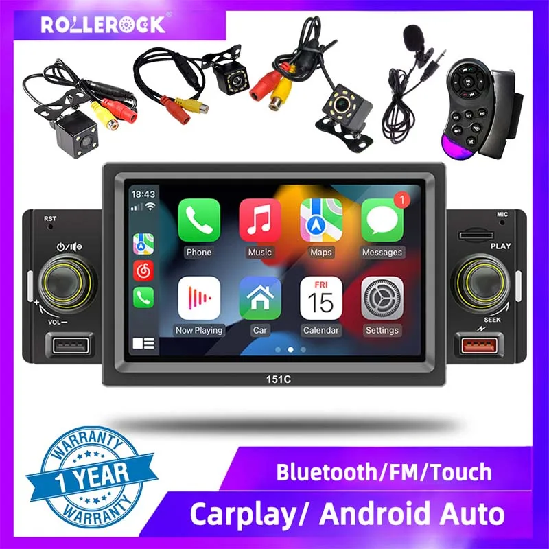 

5-дюймовое 1DIN-радио с CarPlay, Bluetooth 5.1, MP5-плеер, FM-тюнер 4x60 Вт, камера заднего вида, 7-цветная подсветка клавиш, TF/USB, автомобильный аудиоприемник 12В