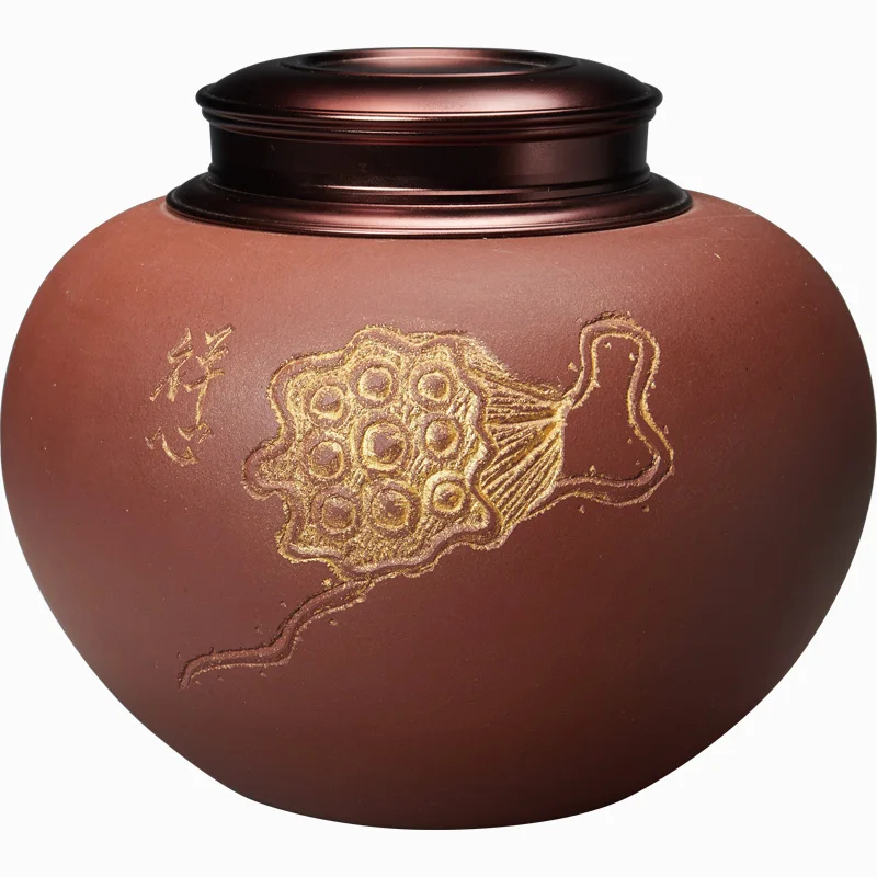 Yixing Clay Style Purple Sand Tea Caddy Pu'er Tea Caddy Hand Carved Sealed Moisture-Proof Storage with Lid Tea Storage Pot