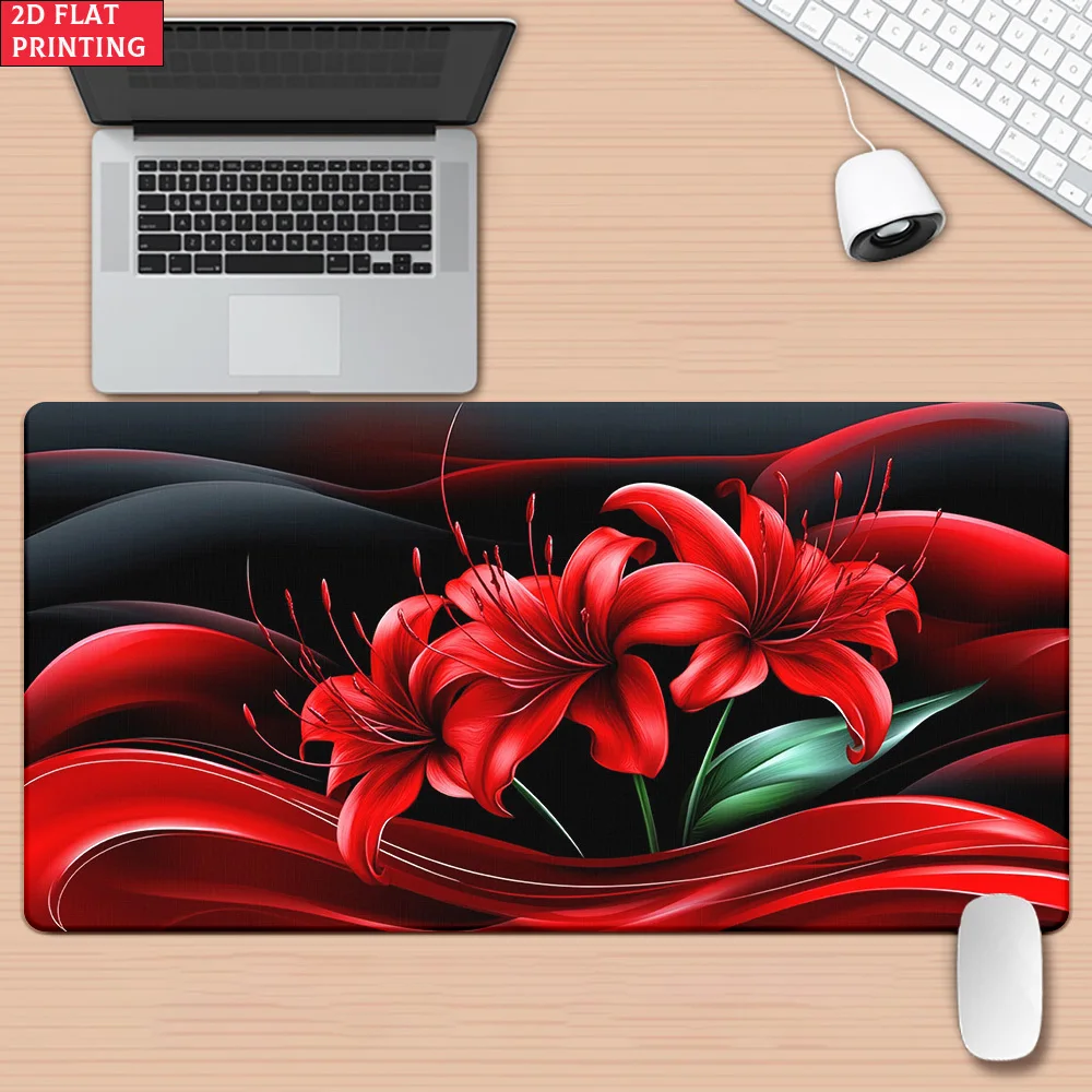 [Brand] Iron Art XXL Mouse Pad Red Floral 2D Flat Non-Slip Rubber Base Large Gaming Office Desk Mat Multi Functional Decor