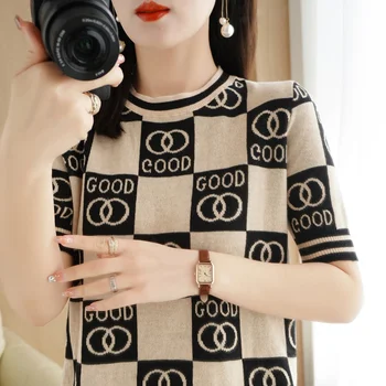 Bawełniany sweter z krótkim rękawem Wiosna/Lato 2023 Nowa żakardowa koszulka z okrągłym dekoltem i luźnym półrękawkiem