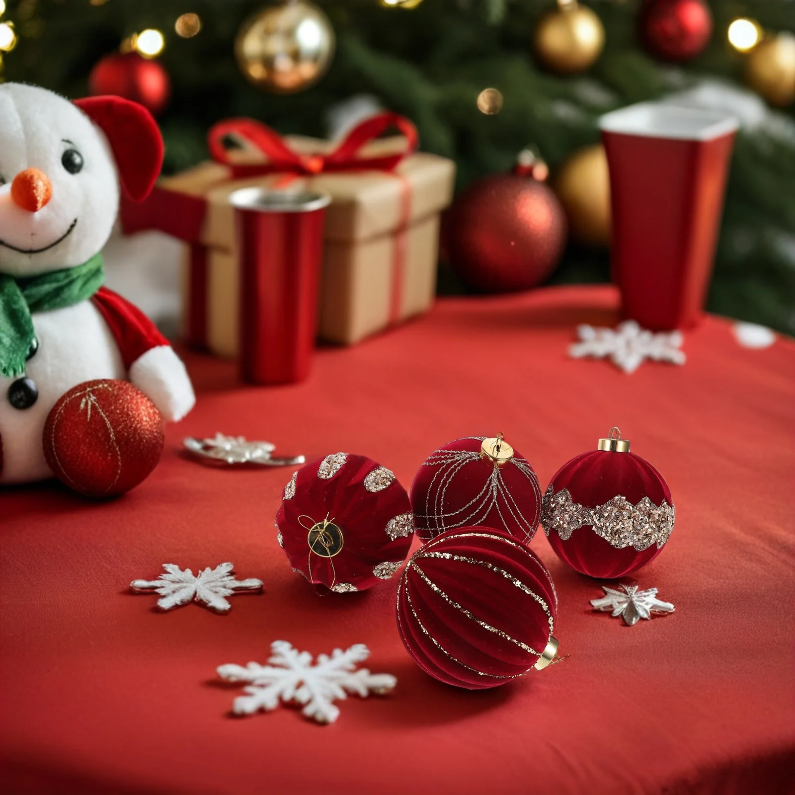 

4 Pcs Christmas Decoration Ornaments Round Xmas Tree Pendants Flocking Flocked Shatterproof Hanging