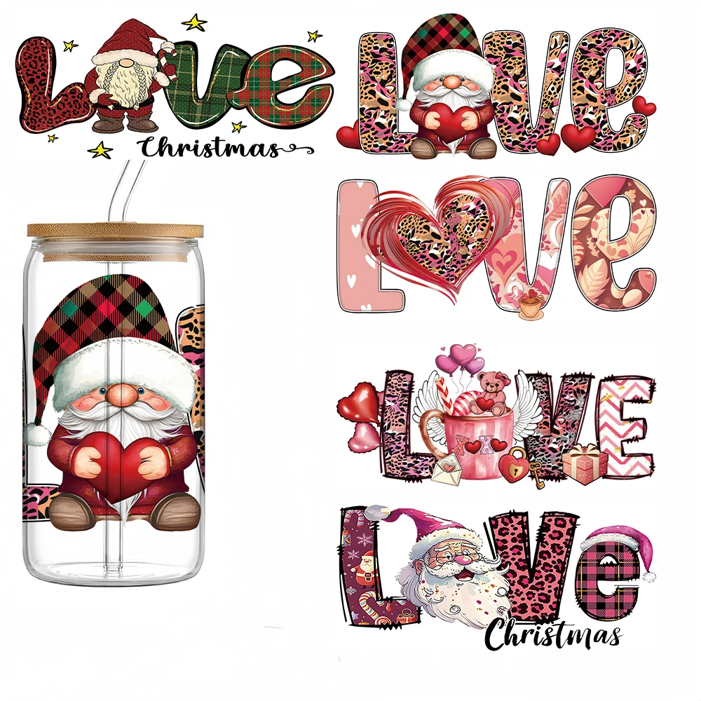 

UV DTF Cup Wrap Transfer Stickers Christmas Love Heart Theme Rub on Transfers Waterproof Decals 16oz Glass Cups DIY Crafts