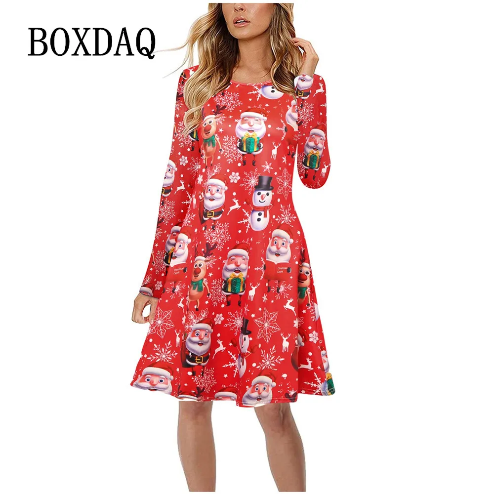 2022 Women Christmas Party Dress Winter Snowflake Xmas Santa Print Dress Casual Long Sleeve Clothing Autumn Oversize Mini Dress