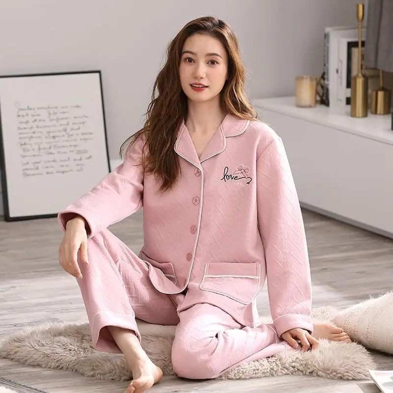 Autumn and Winter Thin Padded Pajamas Women's Interlayer Thickened Pure Cotton Air Cotton Warm Loungewear Spring and Autumn New