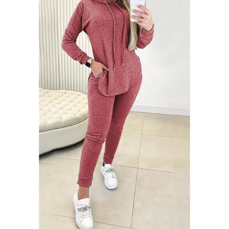 

2 Piece Set Women Outfit 2024 Spring Fashion Hem Slit Long Sleeve Hooded Sweatshirt & Casual Pocket Design High Waist Pants Set