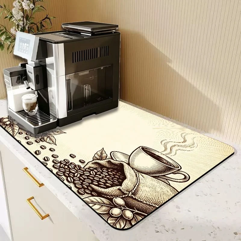 VIKAMA Vintage Line Drawing Coffee Tool Quick Dry Absorbing Pad Non Slip Heatproof Coffee Station Dish Drying Mat
