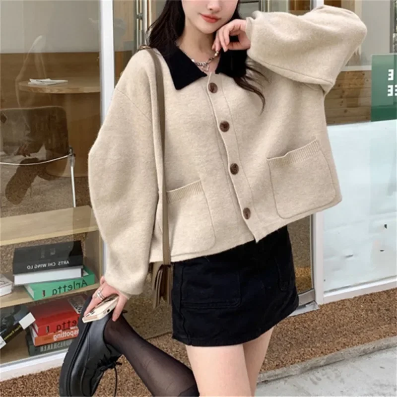 

ZXRYXGS Retro Color Blocked Sweater Women Jacket 2024 Autumn New Fashion Loose Lapel Soft Knitted Cardigan Jackets