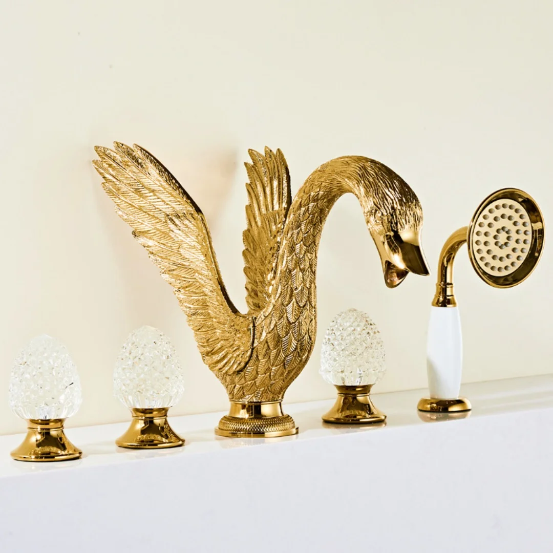 

Смеситель для ванны Tuqiu Gold Swan, широкоугольный, из латуни с кристаллами, для ванной комнаты, с ручной лейкой